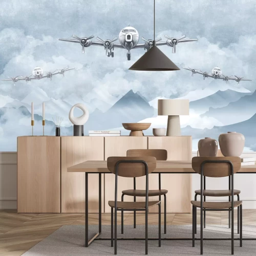 Fototapete Flugzeuge vor einem Aquarell-Landschaftshintergrund