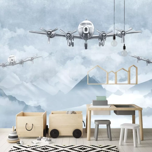 Fototapete Flugzeuge vor einem Aquarell-Landschaftshintergrund