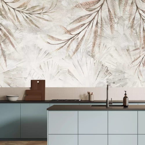 Fototapete Tropische Blätter auf strukturiertem Hintergrund in Grautönen