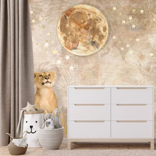 Fototapete Ein kleiner Löwe und ein Vollmond auf einem Aquarellhintergrund