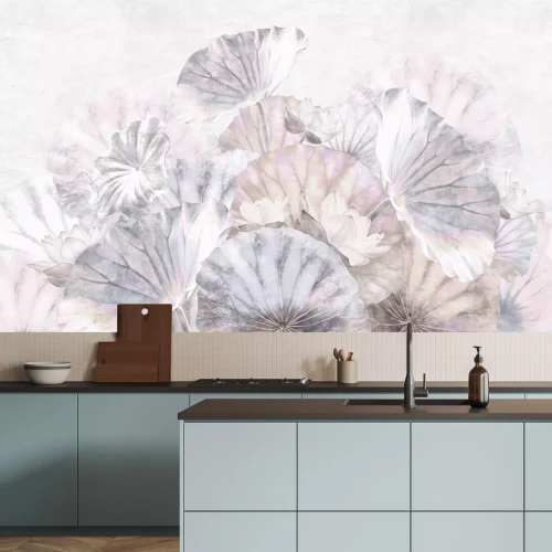 Fototapete Lotusblüten und Blätter auf einem strukturierten Hintergrund