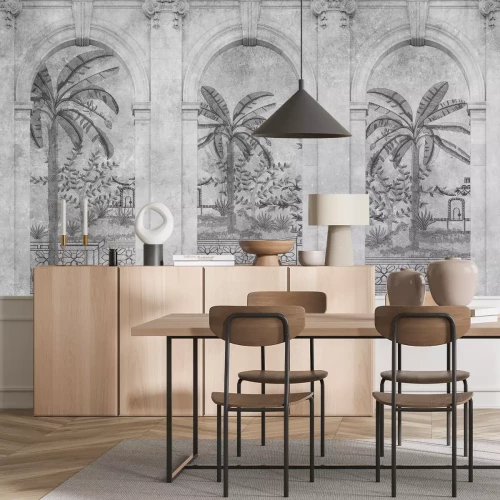 Fototapete Palmen und tropische Pflanzen zwischen architektonischen Bögen