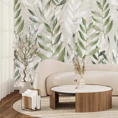 Fototapete Weiße und grüne Blätter im Aquarellstil