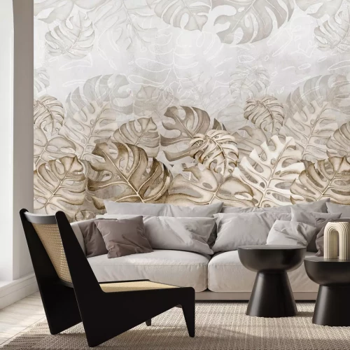 Fototapete Monstera-Blätter auf einem Aquarell-Hintergrund