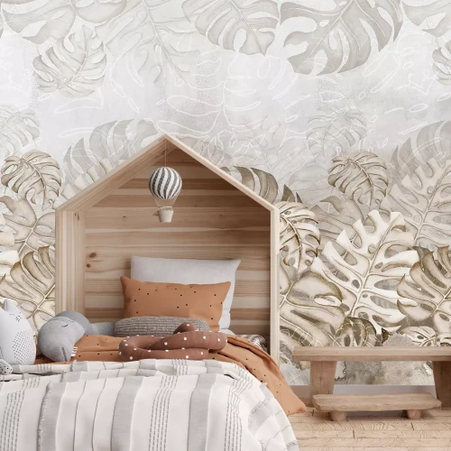 Fototapete Monstera-Blätter auf einem Aquarell-Hintergrund