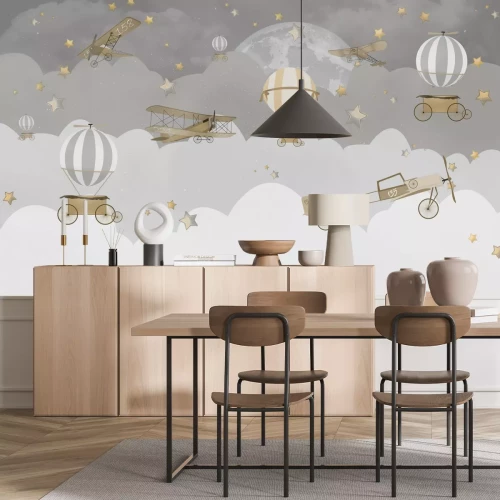 Fototapete Flugzeuge und Ballons vor einem Himmel mit Vollmond