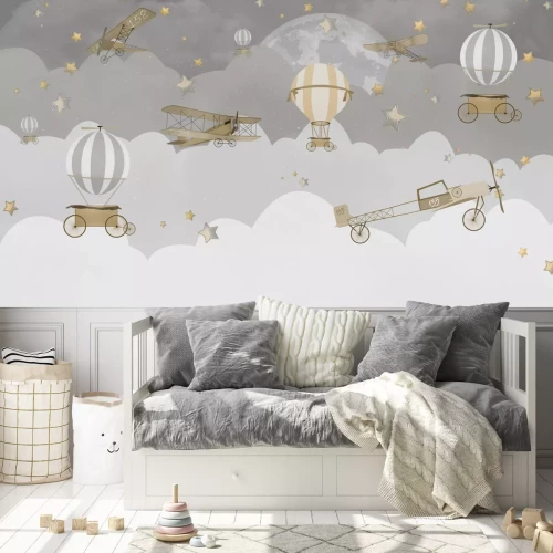 Fototapete Flugzeuge und Ballons vor einem Himmel mit Vollmond