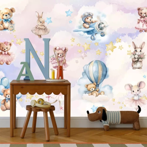 Fototapete Tiere vor einem pastellfarbenen Himmel im Aquarellstil