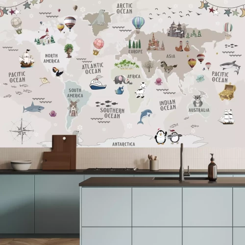 Fototapete Weltkarte für Kinder mit Tieren und Denkmälern