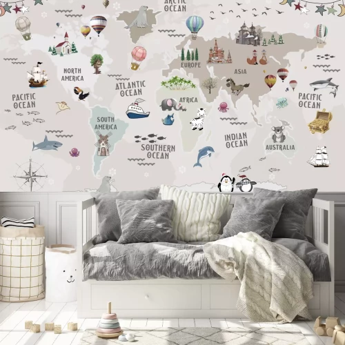 Fototapete Weltkarte für Kinder mit Tieren und Denkmälern