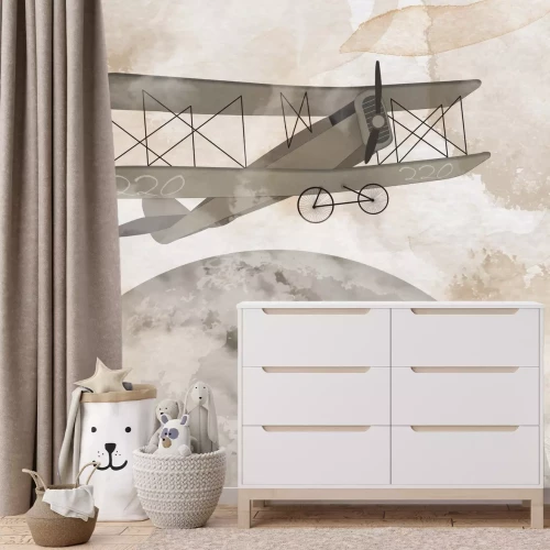 Fototapete Flugzeug auf einem Aquarellhintergrund mit dem Mond