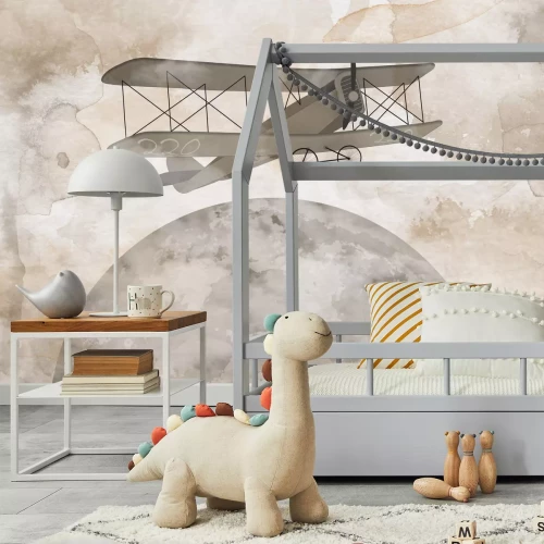 Fototapete Flugzeug auf einem Aquarellhintergrund mit dem Mond