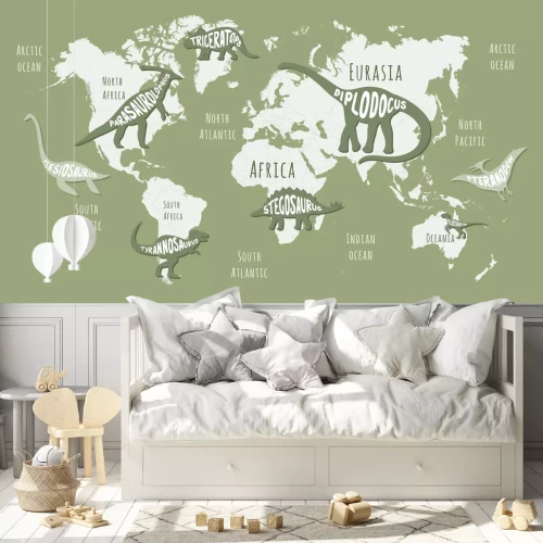 Fototapete Dinosaurier auf der Weltkarte Muster für Kinder