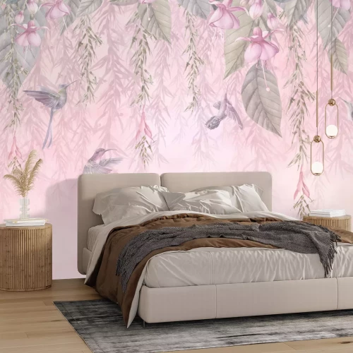 Fototapete Kolibris zwischen Blumen und Blättern auf rosa Hintergrund