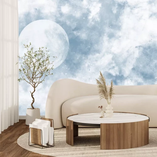 Fototapete Der Mond zwischen den Wolken auf blauem Hintergrund