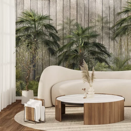 Fototapete Tropische Pflanzen auf einem Hintergrund aus Holzbrettern