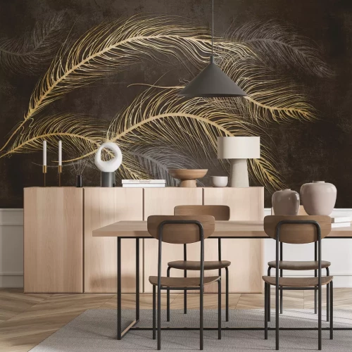 Fototapete Abstrakte 3D-goldene Federn auf dunklem Hintergrund