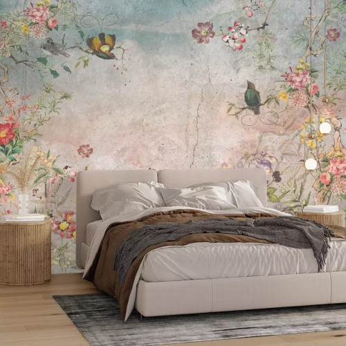 Fototapete Blumen und Vögel in einem farbenfrohen Garten