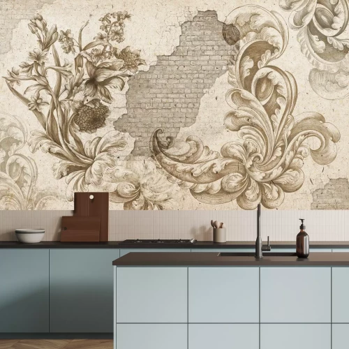 Fototapete Blumen und Ornamente auf Betongrund