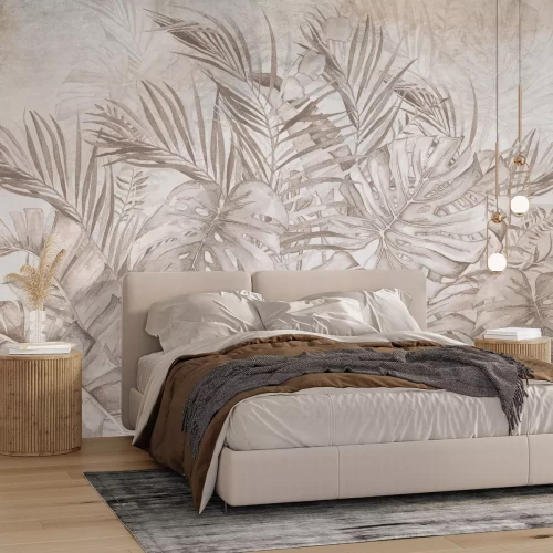 Fototapete Monstera und Palmblätter beiges Motiv
