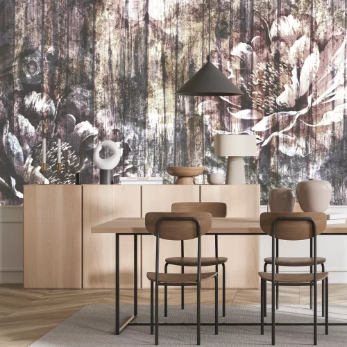 Fototapete Rosa Pfingstrosenblüten auf Holz