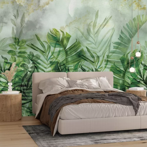 Fototapete Blätter auf grünem Aquarellhintergrund