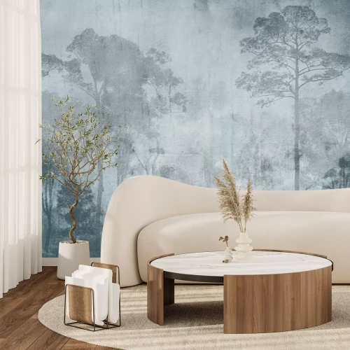 Fototapete Abstrakte Landschaft mit einem Wald in blauen Farben