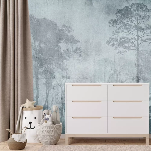 Fototapete Abstrakte Landschaft mit einem Wald in blauen Farben