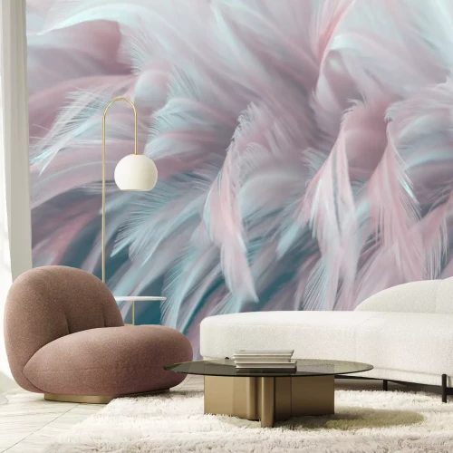 Fototapete 3D-Komposition mit Federn in Pastellfarben