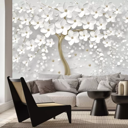 Fototapete 3D-Komposition mit weißen Blüten auf einem Baum