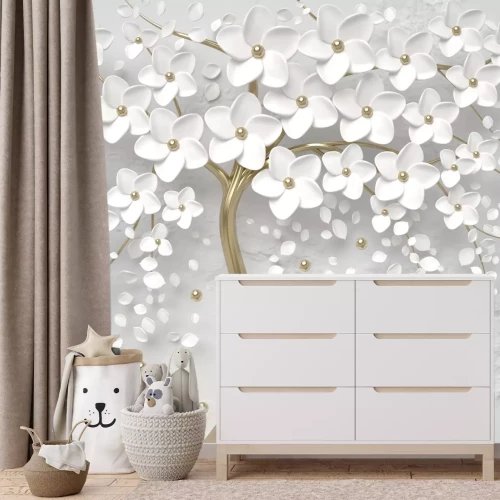 Fototapete 3D-Komposition mit weißen Blüten auf einem Baum