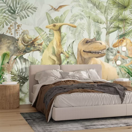 Fototapete Dinosaurier und tropische Pflanzen Komposition für Kinder