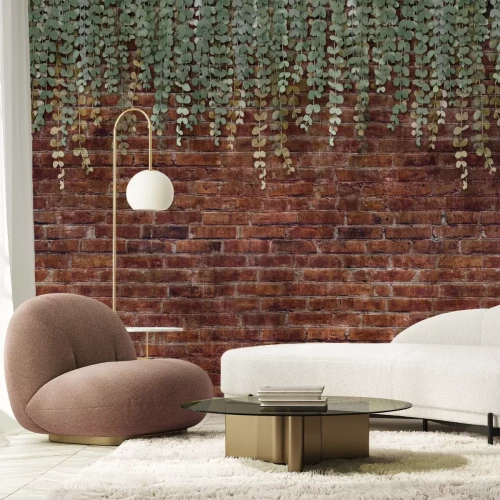 Fototapete 3D-grüne Blätter auf einem roten Backsteinhintergrund