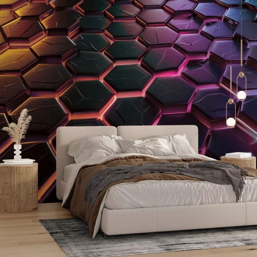 Fototapete Geometrische schwarze Sechsecke auf neonfarbenem Hintergrund
