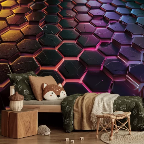 Fototapete Geometrische schwarze Sechsecke auf neonfarbenem Hintergrund