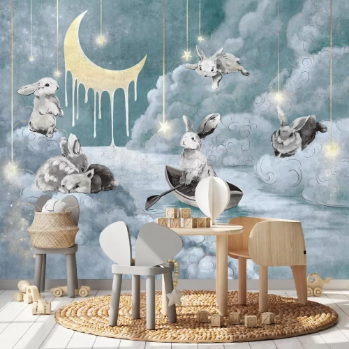 Fototapete Hasen im Himmelsland - eine Komposition für Kinder