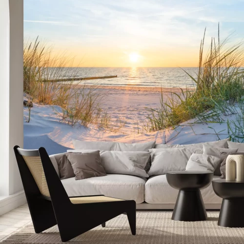 Fototapete Sanddünen am Strand mit Blick auf das Meer und den Sonnenuntergang