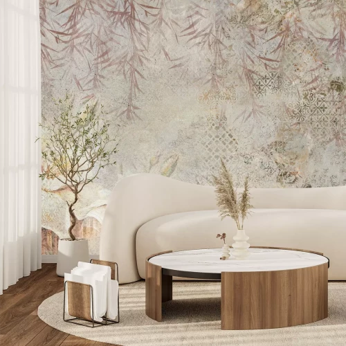 Fototapete Blumen über hängenden Bambusblättern