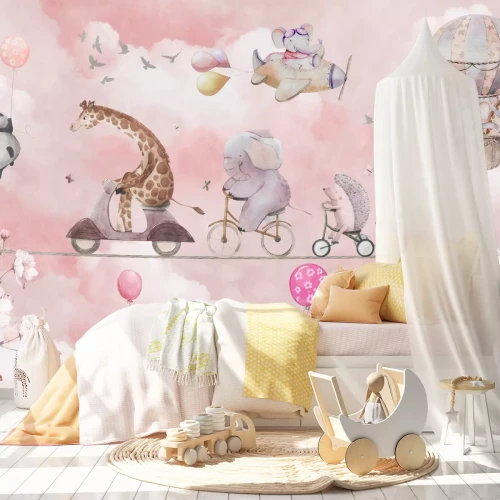 Fototapete Tiere vor einem Hintergrund aus rosa Wolken im Aquarellstil