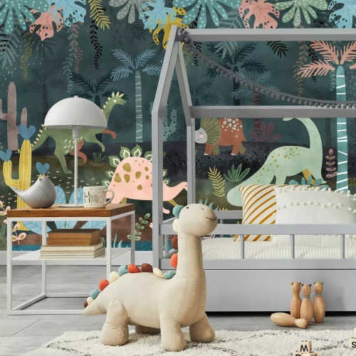 Fototapete Dinosaurier in einem tropischen Wald mit bunten Pflanzen und Blättern