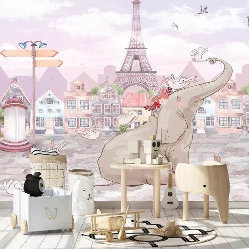 Fototapete Elefanten und Tiere in Paris mit dem Eiffelturm im Hintergrund im Aquarellstil