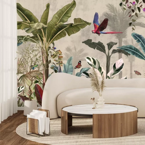 Fototapete Tropische Dschungelpflanzen mit Vögeln und Schmetterlingen