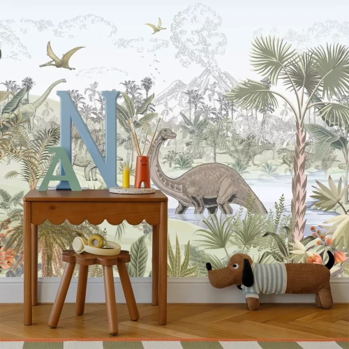 Fototapete Tropische Landschaft mit Vulkan und Dinosauriern