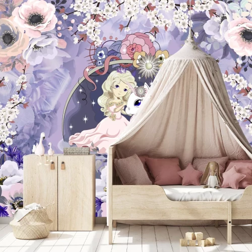 Fototapete Prinzessin und weißes Einhorn zwischen Blumen