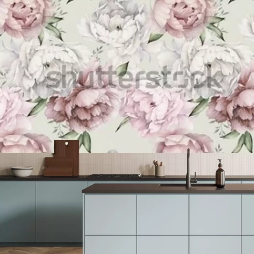 Fototapete Rosa und weiße Pfingstrosen im Aquarellstil