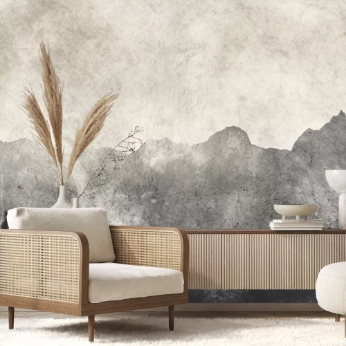 Fototapete Eine minimalistische Landschaft mit einem Wald und Bergen auf einem strukturierten Hintergrund.