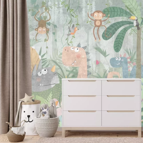 Fototapete Dinosaurier und Affen zwischen Pflanzen in einem tropischen Dschungel