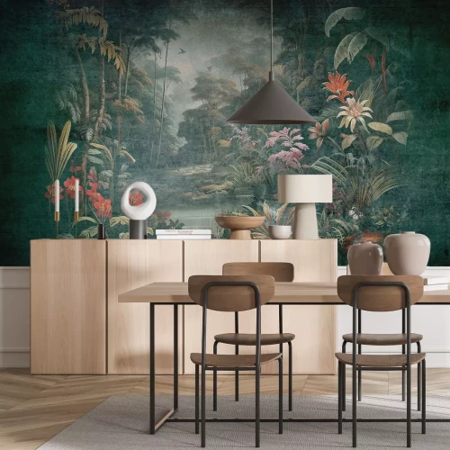 Fototapete See in der Dschungellandschaft im Vintage-Stil