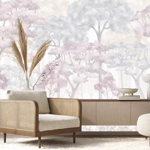 Fototapete Pastellfarbene Bäume in einem Aquarellwald