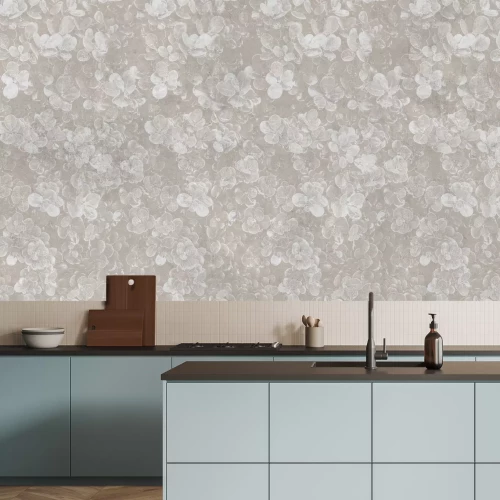 Fototapete Weiße Pflanzen auf beigem Hintergrund, minimalistisches Muster